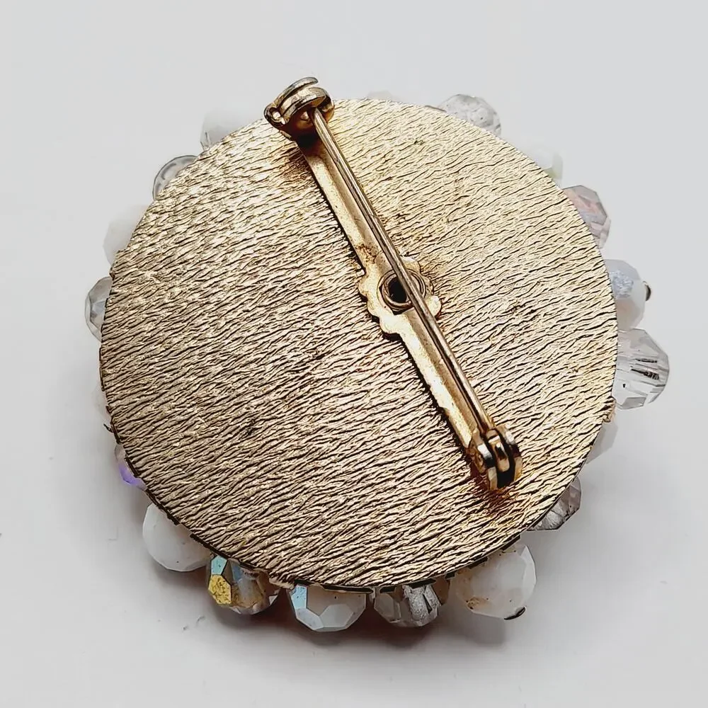 Vintage Beaded Brooch Clear & White AB Crystals Gold Tone Round 2 Inch